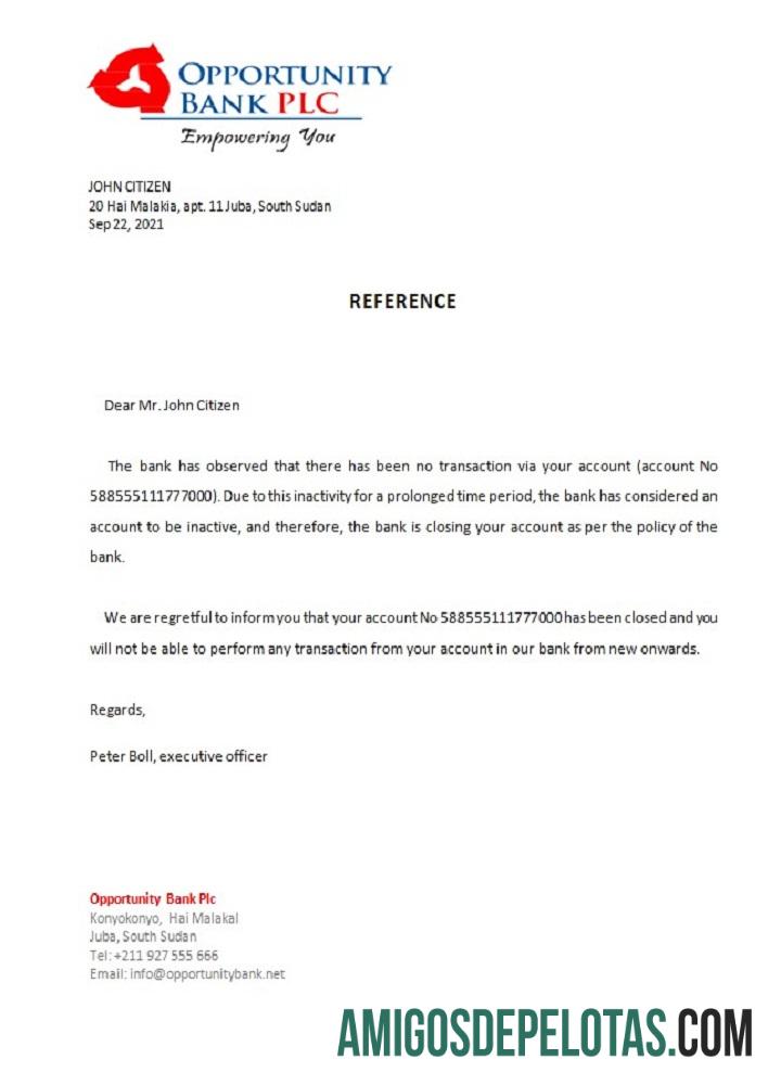 Referência de encerramento do Banco de Oportunidades do Sudão do Sul modelo